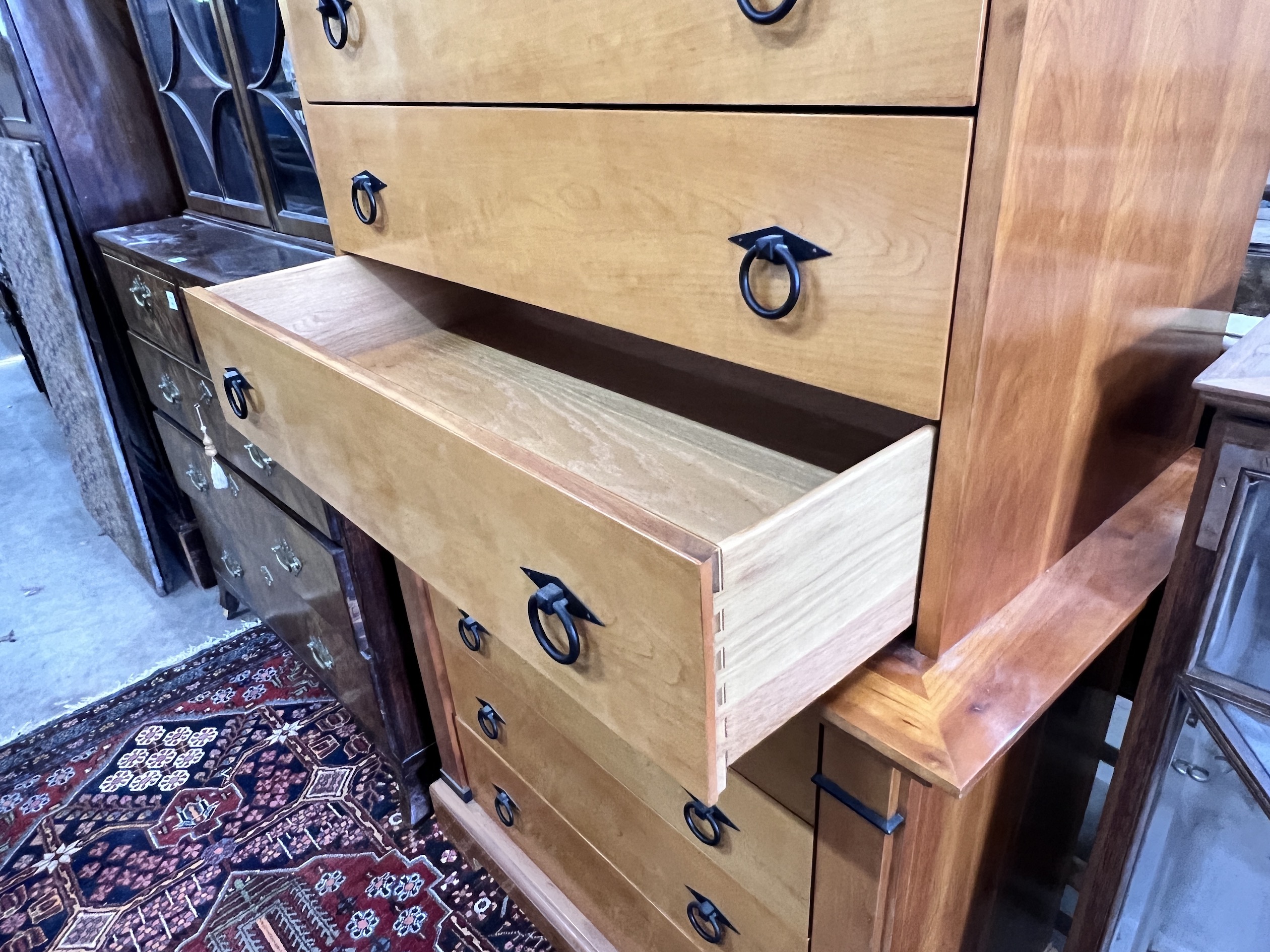 A Biedermeier style bois clair eight drawer chest on chest, width 104cm, depth 55cm, height 173cm